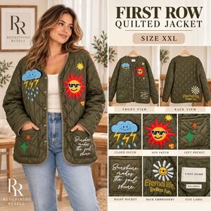 First Row Quilted Jacket Olive Green Embroidered Patch Sun Cloud XXL FRJ2014